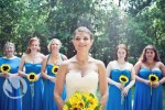 bridesmaids-sunflowers-cobalt-blue-bride-strapless